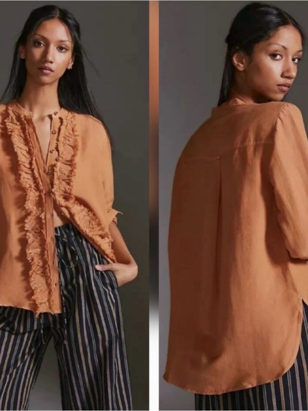 Pilcro Anthropologie Rust XS Frayed Ruffle Front Button-Down Top - Women